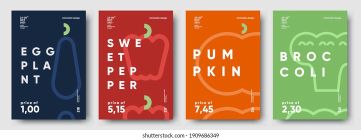 Eggplant, Sweet pepper, Pumpkin, Broccoli. Price tag, label or poster. Set of posters, vegetables and herbs in a minimalist design. Flat vector illustration. 