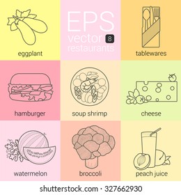 eggplant, tableware, hamburger soup with shrimp, a piece of cheese, sliced watemelon, broccoli, peach juice, set icons vector contour. icons for restaurants, cafes and catering. Illustrations of food