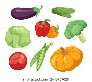 Eggplant, tomato, cabbage, pumpkin, pepper, peas, broccoli, cucumber vegetable set isolated on white