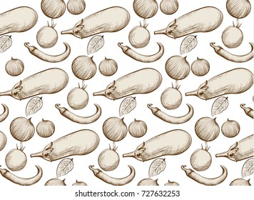 Eggplant, tomatoes and onion vegetables pattern Vector background. Line art hand drawn graphic style illustration