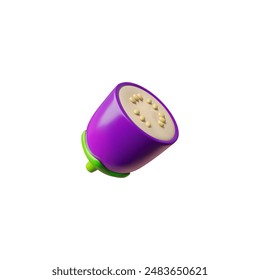 Berenjena en Vector estilo 3D, con la Imagen de mitades cortadas con cáscara morada y semillas. Icono realista de este vegetal nutritivo, ideal para la dieta