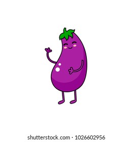 Eggplant vector doodle icon. Eggplant happy character logo element. Cute purple vegetable personage.