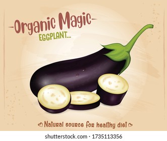 Eggplant Vector Illustration With Eggplant Pieces On Brown Background