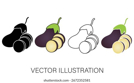 Eggplant Vector Set , Whole and Sliced Aubergine Purple Vegetable Illustration