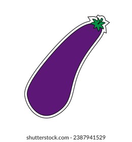 Pegatina vectorial de berenjena sobre fondo blanco. Ilustración de dibujos animados planos vectores. Alimentos saludables dietéticos y vegetarianos.