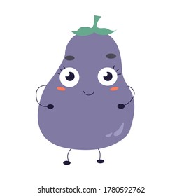 Eggplant vegetable. Cartoon character. Vector illustration isolated on white background.