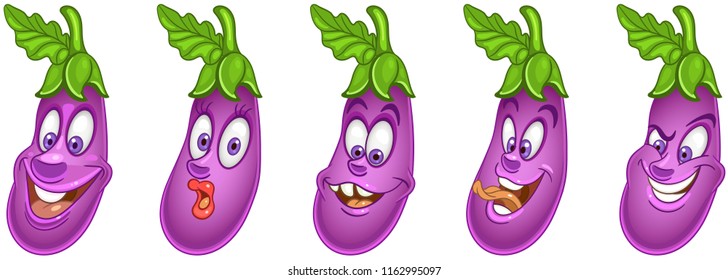 Eggplant. Vegetable Food concept. Emoji Emoticon collection. Cartoon characters for kids coloring book, colouring pages, t-shirt print, icon, logo, label, patch, sticker.