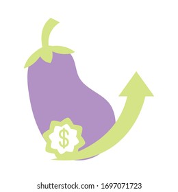 la oferta y demanda de vegetales de berenjena flecha arriba, el aumento de los precios de los alimentos, el estilo plano icono ilustración vectorial