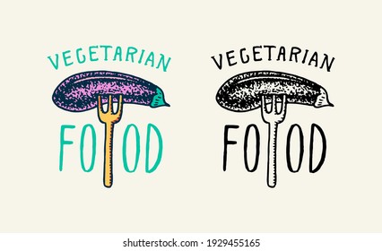 Eggplant vegetable on a fork logo. Vegetarian concept. Organic Vegan label. Farm element. Badge for for sticker or t-shirt or menu in a restaurant. Engraved hand drawn sketch.