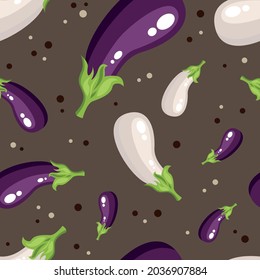 Eggplant vegetable on grey background seamless pattern. Vector illustration.