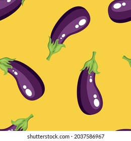 Eggplant vegetable on yellow
background seamless pattern. Vector illustration.