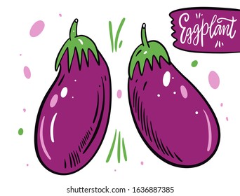 Eggplant vegetable vector illustration doodle art. Isolated on white background. Design for poster, banner, menu, market and web.