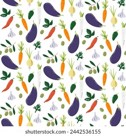 Berenjena y verduras aisladas en blanco. Impresión orgánica ecológica de patrón sin costuras. Diseño de concepto de papel de embalaje de mercado de granjeros locales. Escabeche ingredientes de la receta dibujado a mano ilustración vectorial plana
