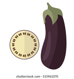 Eggplant Vegtable And Slice Isolated, Vector Illustration.