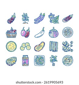 Eggplant Vitamin Bio Vegetable doodle icons set vector. Eggplant Cut Sliced Ingredient For Cooking Salad Baking With Cheese, Growing Plant Harvesting In Garden  sketch hand drawn