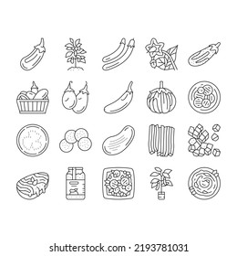 Eggplant Vitamin Bio Vegetable Icons Set Vector. Eggplant Cut And Sliced Ingredient For Cooking Salad And Baking With Cheese, Growing Plant And Harvesting In Garden Black Contour Illustrations