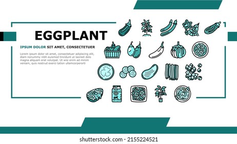 Eggplant Vitamin Bio Vegetable Landing Web Page Header Banner Template Vector. Eggplant Cut And Sliced Ingredient For Cooking Salad And Baking With Cheese, Growing Plant And Harvesting Illustration