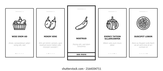 Eggplant Vitamin Bio Vegetable Onboarding Mobile App Page Screen Vector. Eggplant Cut And Sliced Ingredient For Cooking Salad And Baking With Cheese, Growing Plant And Harvesting Garden Illustrations