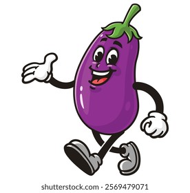 Eggplant is walking leisurely,    Cartoon Character Mascot Illustration Vector Clip-art Hand-drawn Logo Design