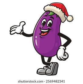 Eggplant wearing a christmas hat,     Cartoon Character Mascot Illustration Vector Clip-art Hand-drawn Logo Design