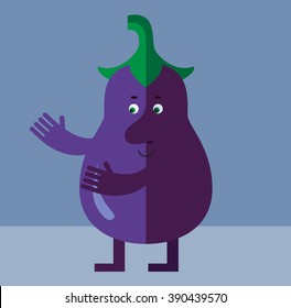 Eggplant with welcome hands. Flat style vector illustration . Funny cartoon character