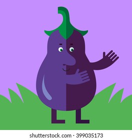 Eggplant with welcome hands. Flat style vector illustration . Funny cartoon character