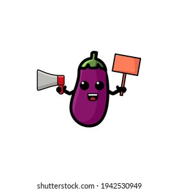 Eggplant With Whiteboard Cartoon Vector Illustration Mascot. Cute, Outline, And Funny Style Design. Recomended For Vegetable Logo Shop.