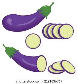 Eggplant whole and cut isolated on white background, flat style