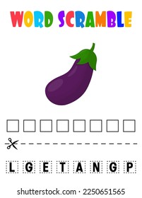 Eggplant Word scramble . Educational game for kids. English language spelling worksheet for preschool children.vegetable