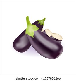 Eggplants. Eggplant Fresh vegetables. Collection of eggplant. Fresh ripe eggplant with green stalks isolated on a white background. Vegetarian food. Ripe juicy vegetable. Vector illustration.