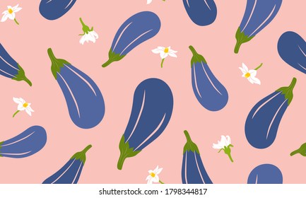 Eggplants flat vector seamless pattern. Cooking motif on light pink background. Ripe vegetables texture. Trendy Background