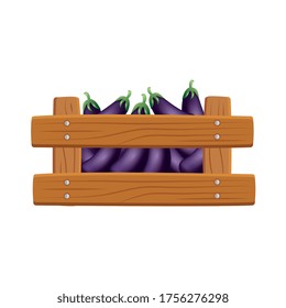 berenjenas dentro del diseño de la caja, alimento orgánico vegetal saludable fresco natural y tema de mercado Ilustración vectorial