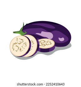 Eggplants isolated on white background. Sliced ​​eggplant. Vector illustration
