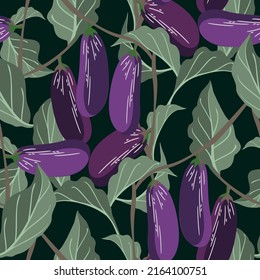 Eggplants with leaves seamless pattern, watercolor illustration.