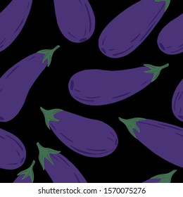 Eggplants Seamless Pattern on Black Background.  Violet Aubergines Wallpaper. Design for fabric, textile print, wrapping paper, textile, restaurant menu. Vector illustration