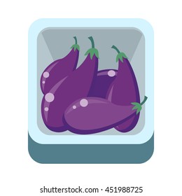 Eggplants in tray vector in flat style design. Grocery store assortment, foods for diet, fresh fruits concept. Illustration for icons, signboards, ad, infographics design. Isolated on white.