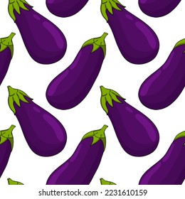 Eggplants vector colored seamless pattern isolated on white background. Farm, fresh, ecological vegetables artwork.