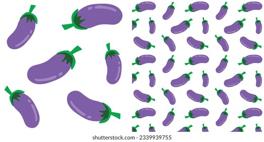 Eggplants vector colored seamless pattern isolated on white background. Farm, fresh, ecological vegetables artwork.Geometrical pattern of eggplants isolated on pastel lilac lavender background. 