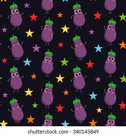 Eggplants, vector seamless pattern with cute vegetable characters on dark background with colorful stars