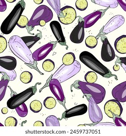 Eggplants, vegetables pattern. Bright retro pattern. For printing on prints, t-shirts, logos, sportswear, packaging paper