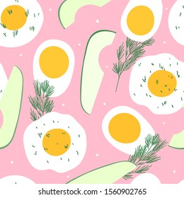 Eggs and avocado seamless pattern for print, textile, fabric. Morning breakfast background.