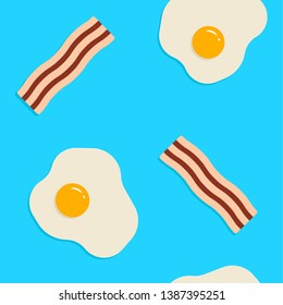 Eggs and bacon seamless pattern. Flat style vector illustration of sunny side up fried eggs and bacon. Breakfast repeatable pattern.