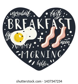 eggs with bacon. tasty breakfast. poster with lettering.