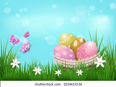 Eggs in the basket with flower and butterflies Easter day background