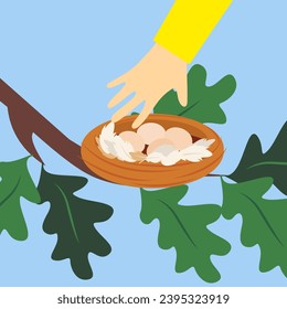 Eggs in the basket on the tree. Vector illustration.