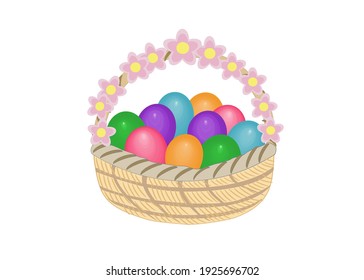 Eggs are in the basket with pink flowers on white background for Easter festivals concept 