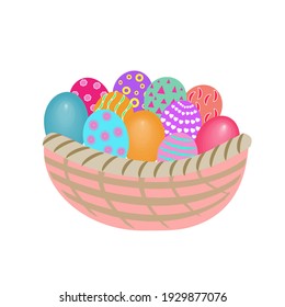 Eggs are in the basket with pink ribbon on white background for Easter festivals concept 