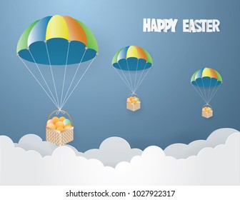 Eggs in basket  tied with white rope 
parachute on the sky, Easter day concept,paper craft style