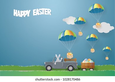 Eggs in basket  tied with white rope 
parachute from the sky and Rabbit is driving the car on the park in spring season.EASTER DAY concept,vector and illustration.