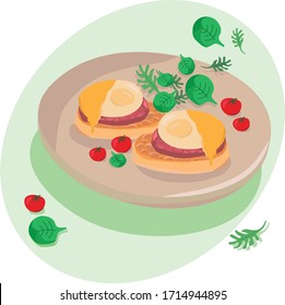 Eggs Benedict - illustration for breakfast, brunch menu in a hotel, cafe, restaurant, diner. Poster for a wall decoration, print for kitchen tool, print industry. Web site and land page design. EPS10